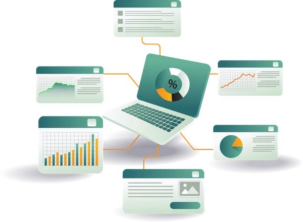 Ein Laptop, auf dem verschiedene Grafiken und Diagramme angezeigt werden, die Datenanalysen und Statistiken darstellen  Illustration