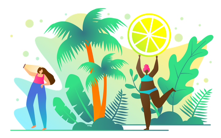 Ein Mädchen macht ein Selfie, während das andere die Sommerferien genießt  Illustration