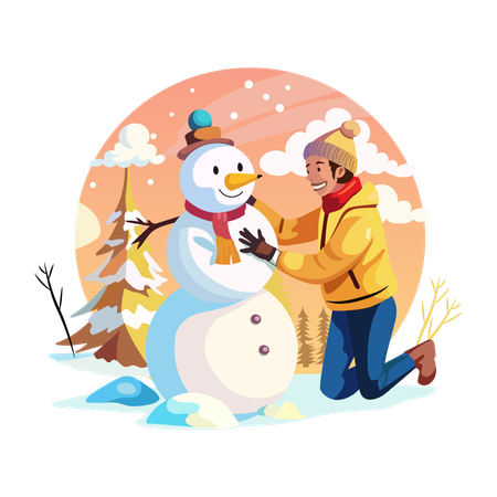 Ein Mann macht Schneemann im Schneefall  Illustration