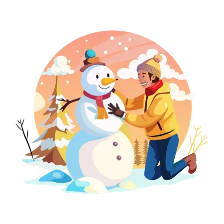 Ein Mann macht Schneemann im Schneefall  Illustration