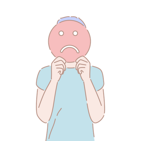 Ein Mann hält ein trauriges Emoji-Zeichen vor seinem Gesicht negativer Gesichtsausdruck  Illustration
