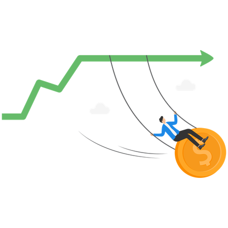 Ein Mann im Anzug reitet auf einer Schaukel zwischen zwei hohen Säulen des Diagramms  Illustration