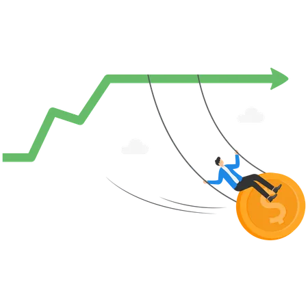 Ein Mann im Anzug reitet auf einer Schaukel zwischen zwei hohen Säulen des Diagramms  Illustration