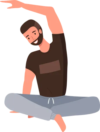 Ein Mann macht Yoga-Übungen. Junger bärtiger, fitter Typ sitzt isoliert auf dem Boden im Lotussitz  Illustration