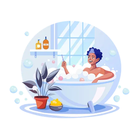 Ein Mann nimmt ein Bad in einer Badewanne  Illustration