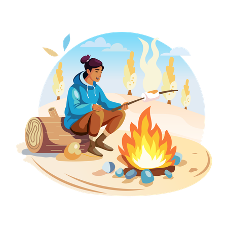 Ein Mann röstet Marshmallows am Campingfeuer  Illustration