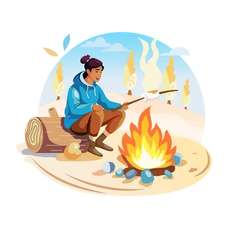 Ein Mann röstet Marshmallows am Campingfeuer  Illustration