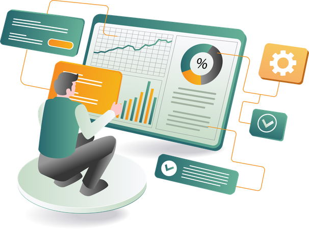 Ein Mann sitzt auf einem Stuhl mit einem geöffneten Laptop, auf dem ein Dashboard-Bildschirm und ein Diagramm angezeigt werden  Illustration