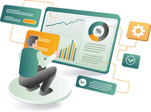 Ein Mann sitzt auf einem Stuhl mit einem geöffneten Laptop, auf dem ein Dashboard-Bildschirm und ein Diagramm angezeigt werden  Illustration