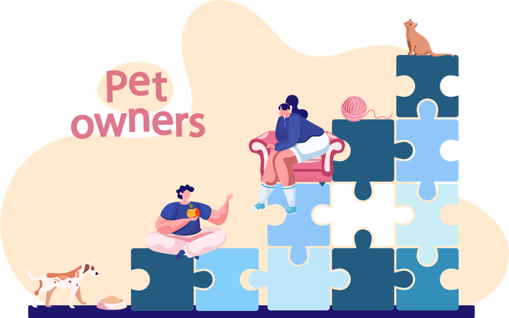 Ein Mann sitzt und spricht mit einer Frau auf einem Stuhl neben einer Katze und einem Hund  Illustration