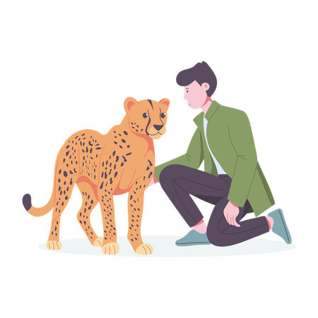 Ein Mann streichelt wilden Leoparden  Illustration