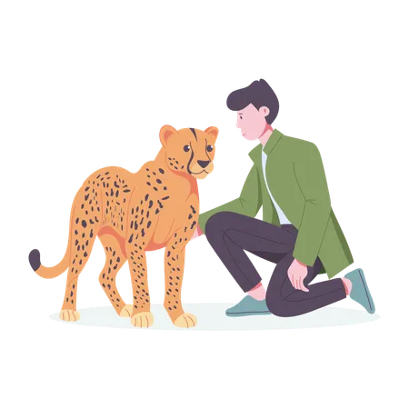 Ein Mann streichelt wilden Leoparden  Illustration