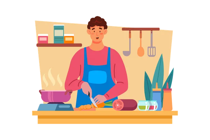 Ein Mann verbringt den Tag damit, das Lieblingsessen seiner Frau zu kochen, um seine Liebe zu zeigen  Illustration