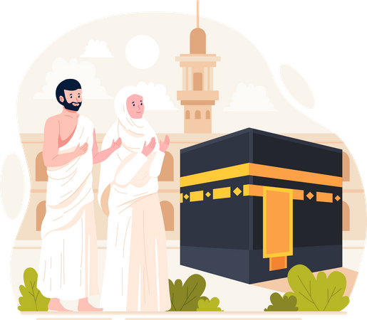 Ein muslimisches Paar führt die islamische Pilgerfahrt durch  Illustration