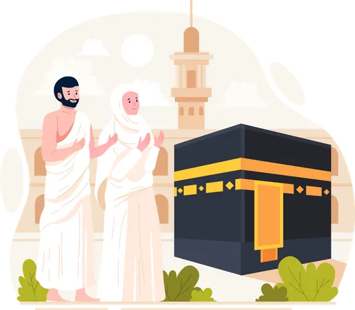 Ein Muslimisches Paar Fuhrt Die Islamische Pilgerfahrt Durch Mann Und Frau Tragen Hadsch Figuren Die Ihram Kleidung Tragen Mit Einem Kaaba Hintergrund Vektorillustration Im Flachen Stil Illustration