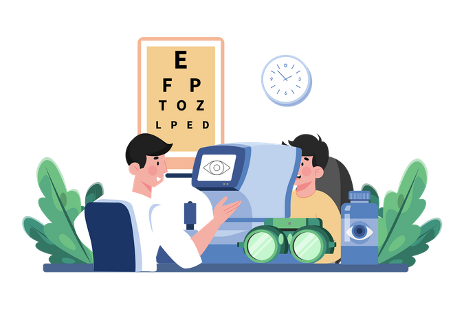 Ein Optometrist führt Augenuntersuchungen bei Patienten durch  Illustration