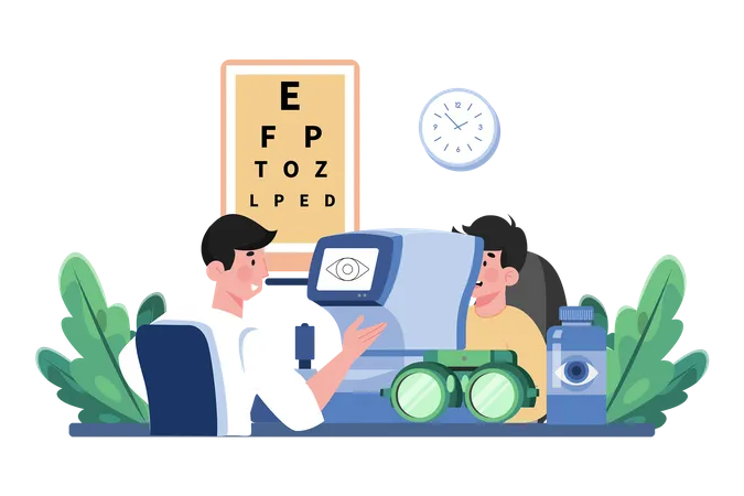 Ein Optometrist führt Augenuntersuchungen bei Patienten durch  Illustration