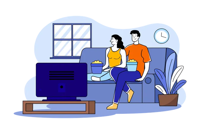 Ein Paar vor dem Fernseher im Wohnzimmer  Illustration