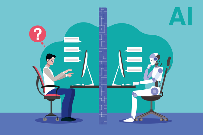 Ein Roboter und ein Wissenschaftler stellen sich dem Turing-Test  Illustration