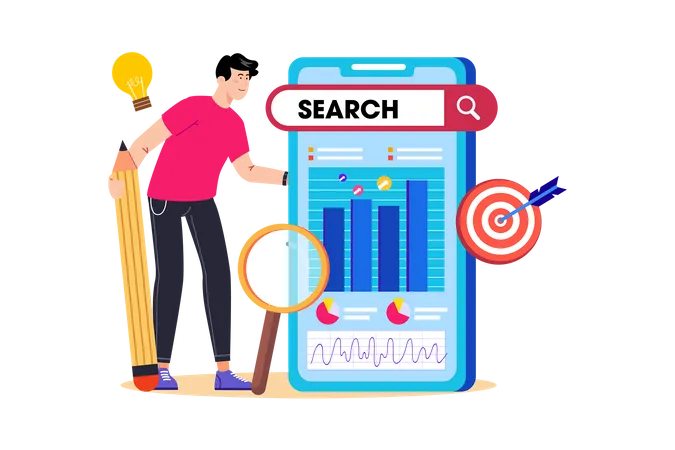 Ein SEO-Spezialist analysiert Website-Analysen, um das Ranking in Suchmaschinen zu verbessern  Illustration