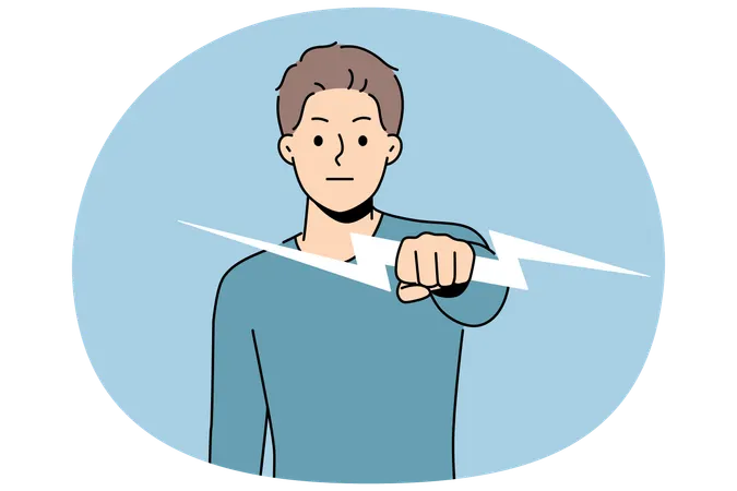 Starker Mann mit Blitz symbolisiert Energie und Entschlossenheit, Probleme und Schwierigkeiten zu lösen  Illustration