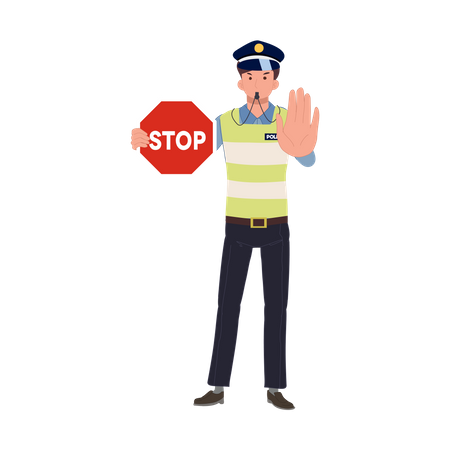 Ein Verkehrspolizist gestikuliert mit der Hand als Stopp und pfeift  Illustration