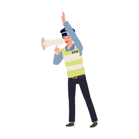Ein Verkehrspolizist hält ein Megafon in der Hand und macht eine Handbewegung mit einem Stoppschild  Illustration