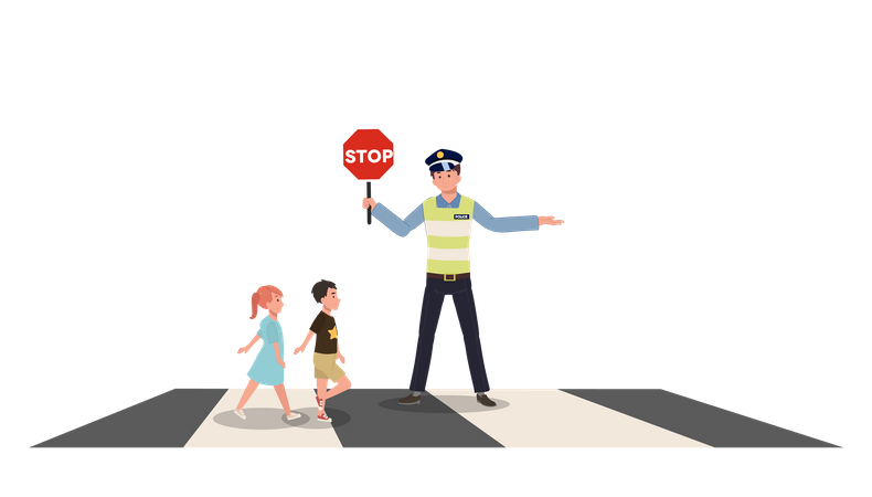 Ein Verkehrspolizist hält ein Stoppschild hoch, um kleinen Kindern die Vorfahrt zu gewähren und sie auf dem Zebrastreifen laufen zu lassen  Illustration