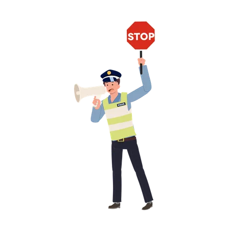 Ein Verkehrspolizist hält Stoppschild und spricht ins Megafon  Illustration