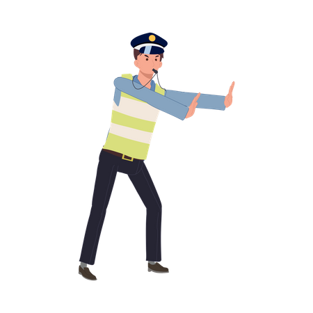 Ein Verkehrspolizist bläst eine Pfeife und gestikuliert mit der Hand als Stopp  Illustration
