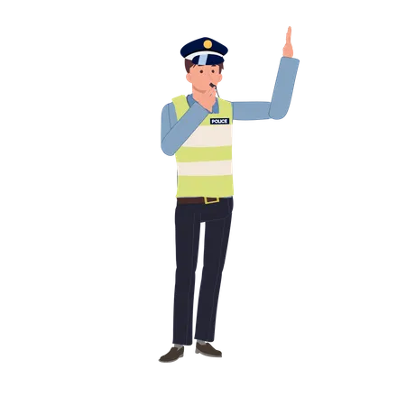 Ein Verkehrspolizist bläst eine Pfeife und gestikuliert mit der Hand als Stopp  Illustration