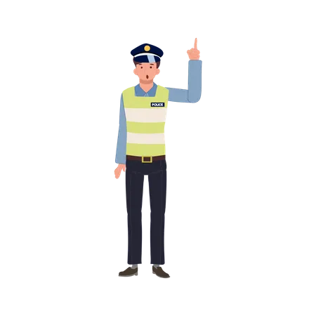 Ein Verkehrspolizist Zeigt Mit Dem Zeigefinger Nach Oben Und Gibt Vorschlage Flache Vektor Cartoon Illustration Illustration