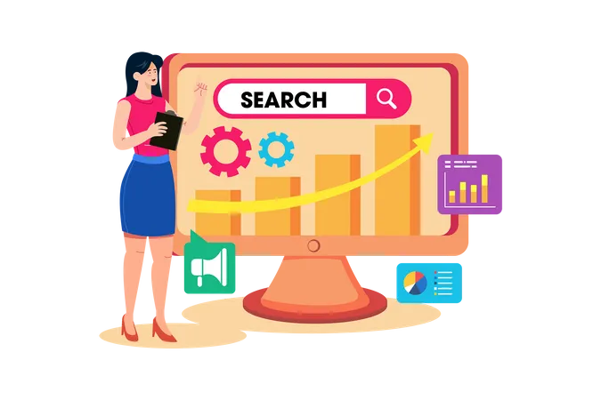 Ein Vermarkter führt eine Keyword-Recherche durch, um die SEO einer Website zu optimieren  Illustration