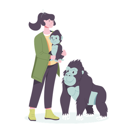 Eine Frau hält ein Gorillababy im Zoo  Illustration