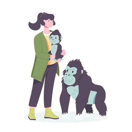 Eine Frau hält ein Gorillababy im Zoo  Illustration