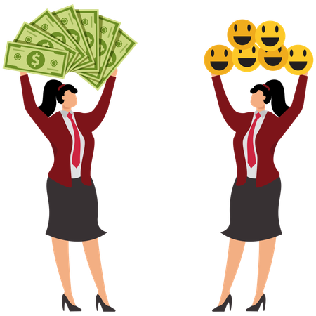 Eine Geschäftsfrau hält einen Haufen Geld Eine andere Geschäftsfrau hält einen Haufen Smiley-Symbole  Illustration