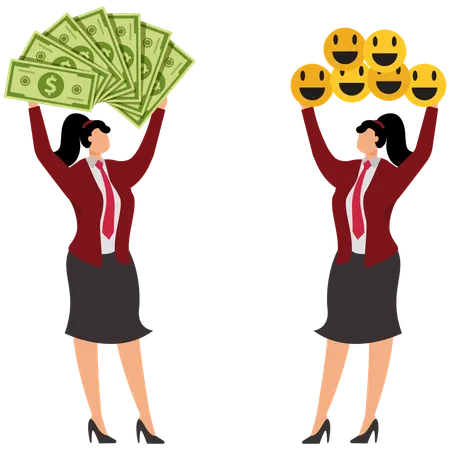Eine Geschäftsfrau hält einen Haufen Geld Eine andere Geschäftsfrau hält einen Haufen Smiley-Symbole  Illustration