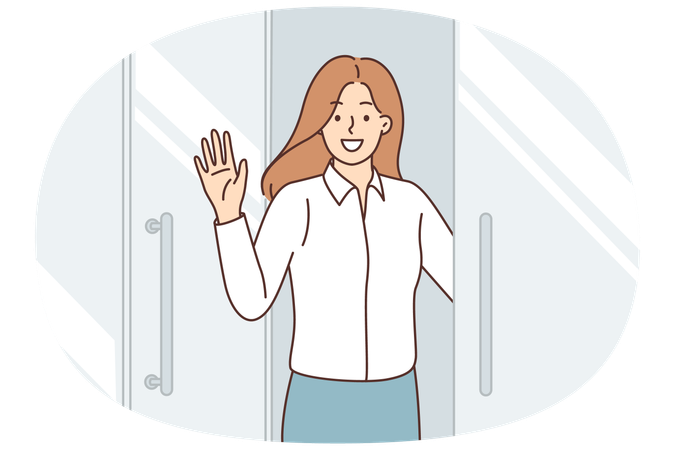 Eine glückliche Geschäftsfrau heißt Sie willkommen und winkt mit der Hand, um Sie zu einem Besuch im Firmenbüro einzuladen  Illustration