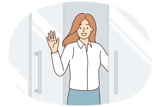 Eine glückliche Geschäftsfrau heißt Sie willkommen und winkt mit der Hand, um Sie zu einem Besuch im Firmenbüro einzuladen  Illustration