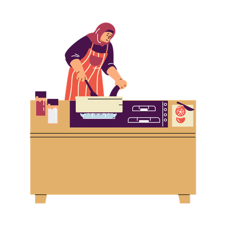 Eine muslimische Frau mit Hijab und Schürze beim Kochen am Herd  Illustration