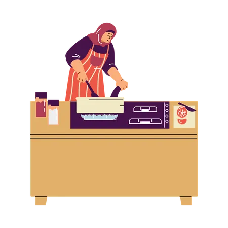 Eine muslimische Frau mit Hijab und Schürze beim Kochen am Herd  Illustration