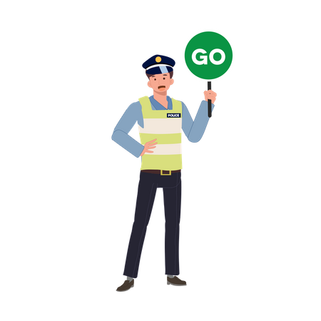 Ein Verkehrspolizist hält den Verkehr mit einem GO-Schild  Illustration