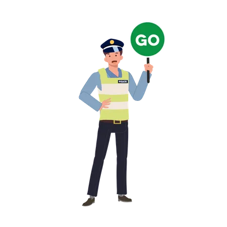 Ein Verkehrspolizist hält den Verkehr mit einem GO-Schild  Illustration