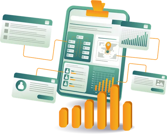 Eine Zwischenablage mit einem Diagramm und ein Telefon mit einem Balkendiagramm  Illustration