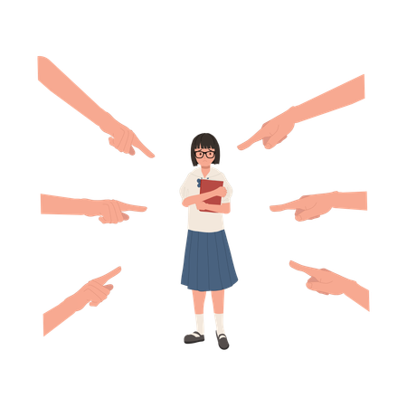 Einsames asiatisches Schulmädchen in Uniform hält Bücher in der Hand und wird von mehreren Zeigefingern angegriffen  Illustration