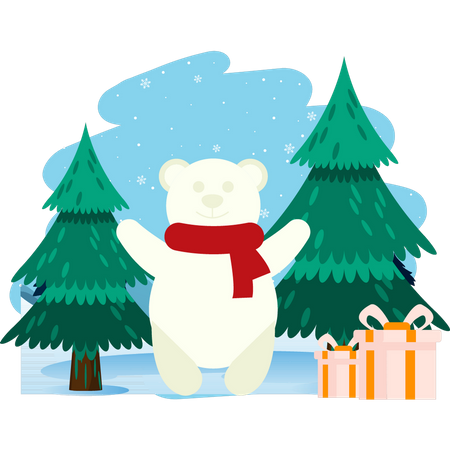 Eisbär steht Weihnachtsbaum und Geschenke  Illustration