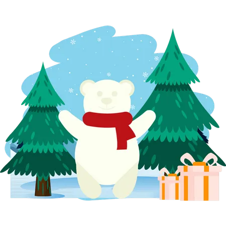 Eisbär steht Weihnachtsbaum und Geschenke  Illustration