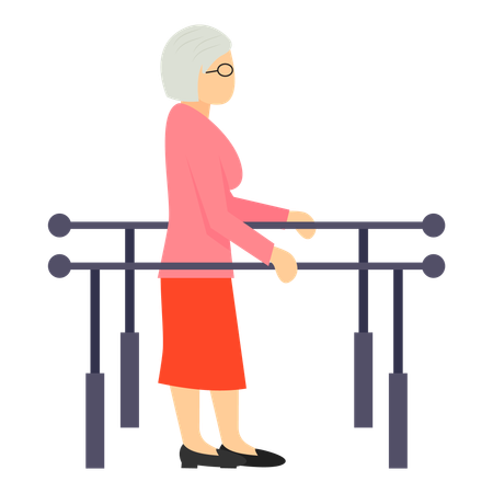 Ejercicio de rehabilitación de marcha para mujeres de mediana y avanzada edad  Ilustración