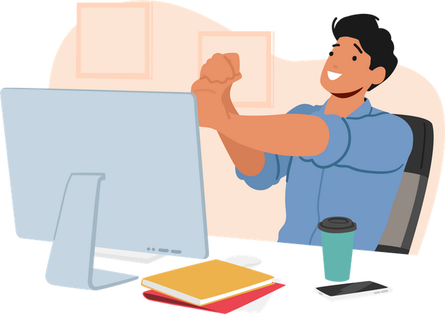 Ejercicio masculino en el lugar de trabajo de oficina sentado frente al escritorio de la computadora  Ilustración