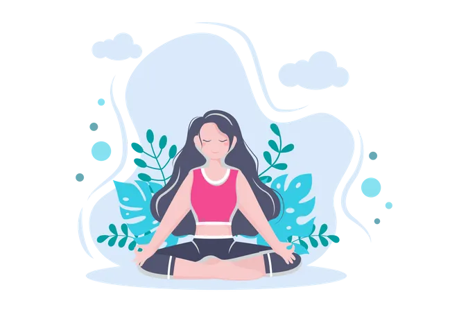 Las Practicas De Yoga O Meditacion Tienen Como Objetivo Obtener Beneficios Para La Salud Del Cuerpo Para Controlar Los Pensamientos Las Emociones La Iniciacion Y La Busqueda De Ideas Ilustracion De Vector De Diseno Plano Ilustración